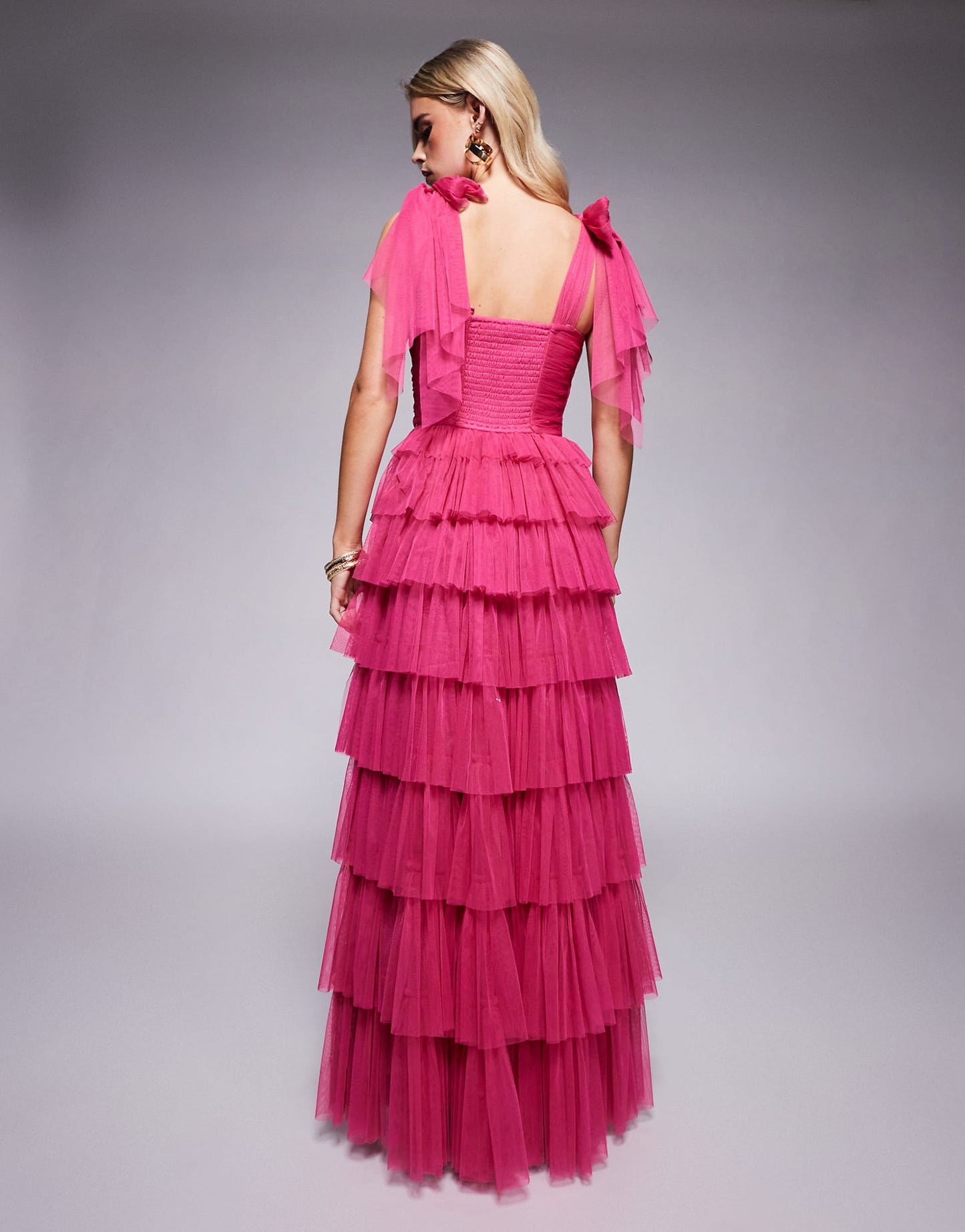 Petite Bow Shoulder Tiered Tulle Maxi Dress