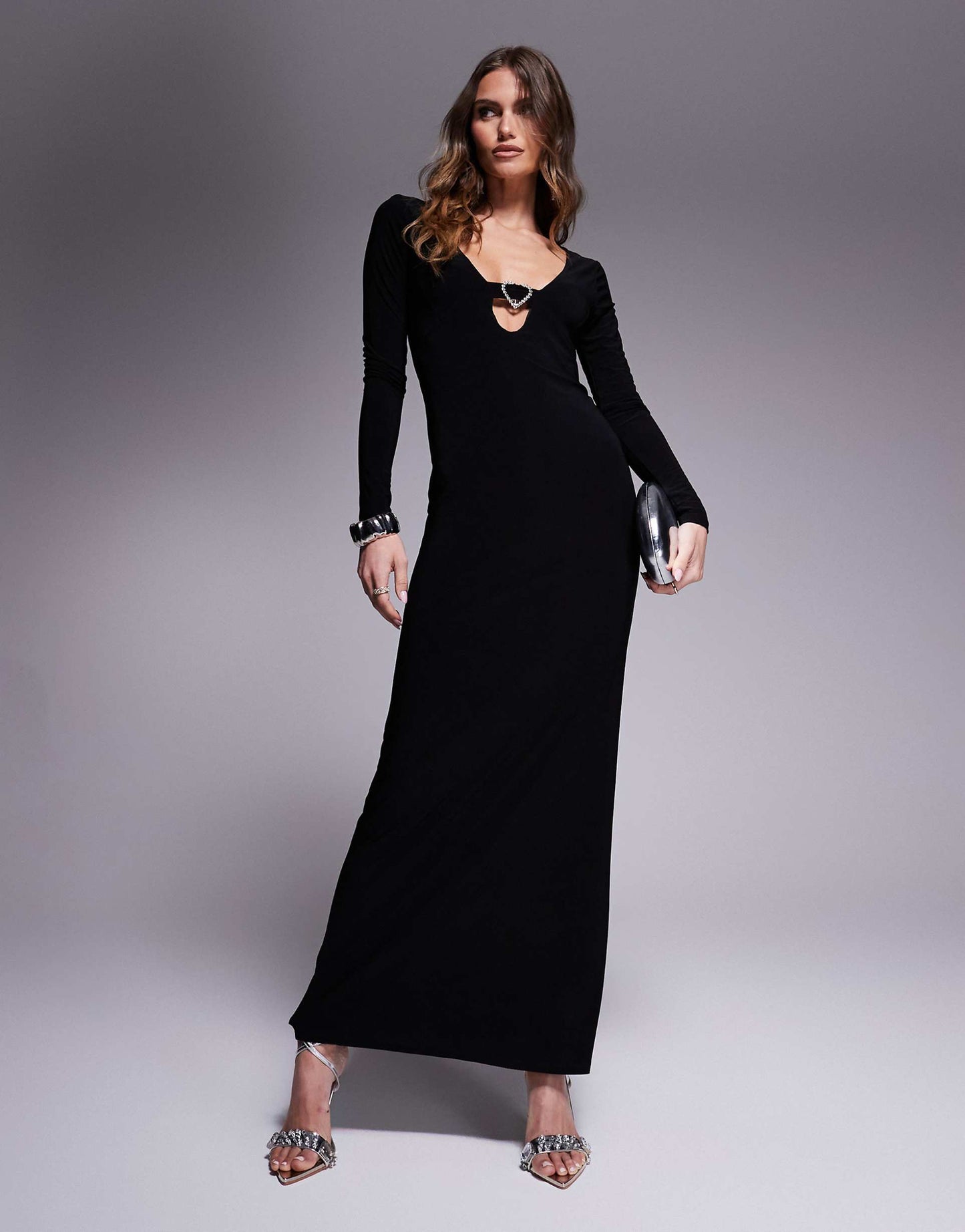 Long Sleeve Heart Trim Maxi Dress With Keyhole Cut Out