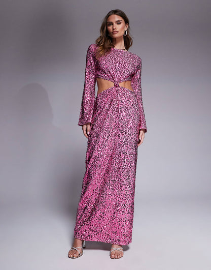 Sequin Angel Sleeve Maxi Dress With Cut Outs And Knot Detail