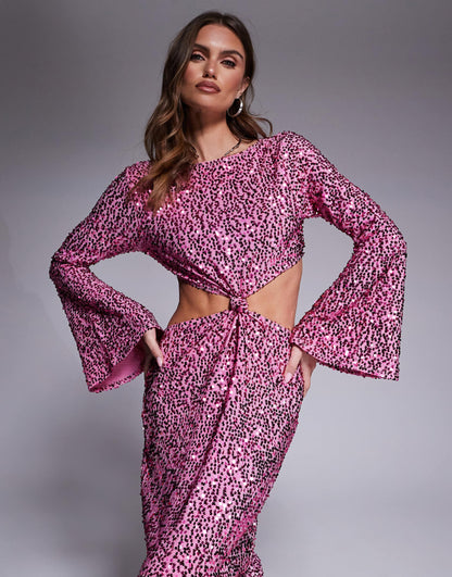 Sequin Angel Sleeve Maxi Dress With Cut Outs And Knot Detail