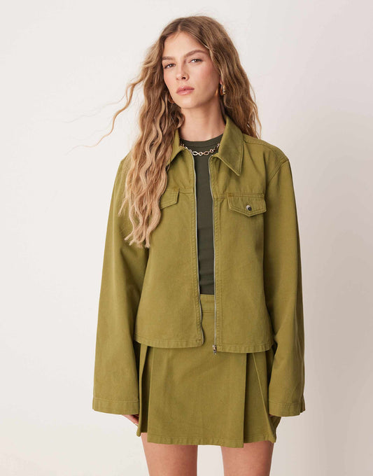 Cropped Denim Jacket With Zip Front Co-Ord