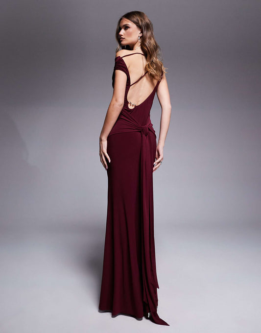 Asymmetric Off Shoulder Maxi Dress With Back Sash Detail And Heart Hardware