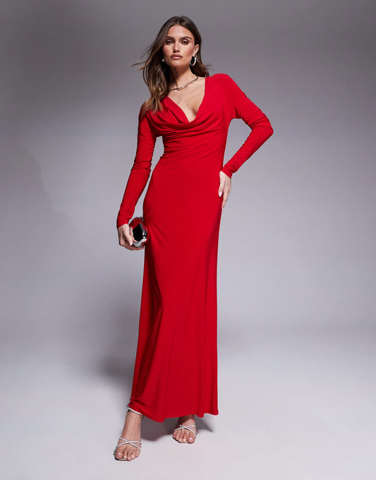 Long Sleeve Cowl Neck Maxi Dress With Diamante Heart Trim