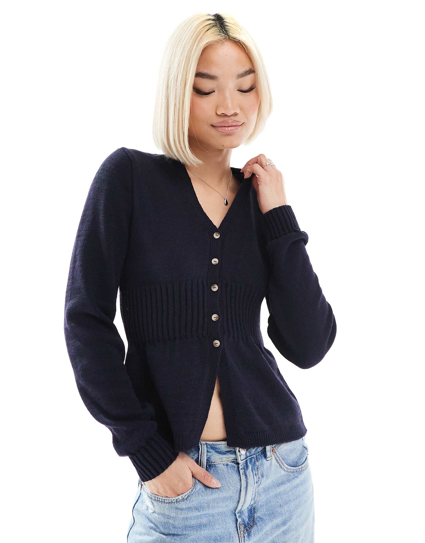 Knitted V Neck Cardigan With Structured Waist Detail