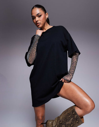 T-Shirt Mini Dress With Mesh Leopard Print Sleeves