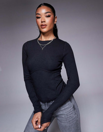 Ribbed Long Sleeve Under Bust Seam Detail Top