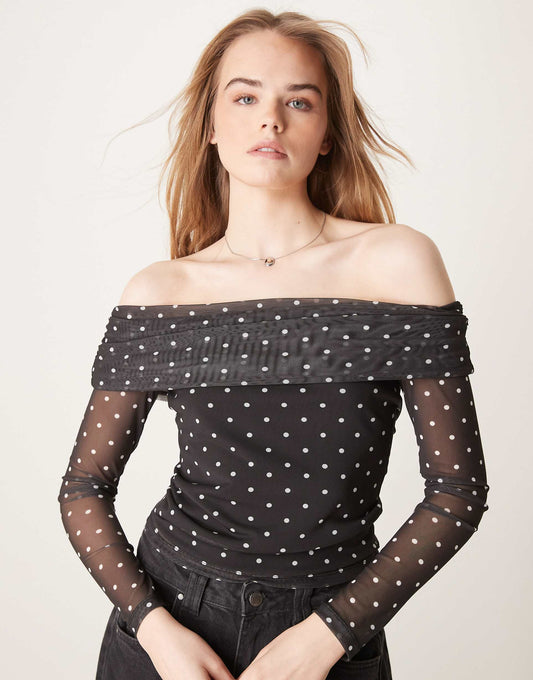 Polka Dot Foldover Ruched Bardot