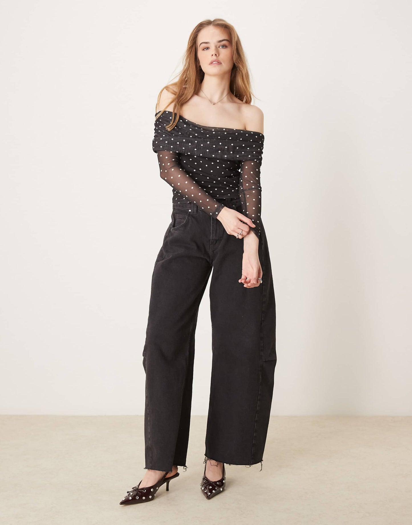 Polka Dot Foldover Ruched Bardot