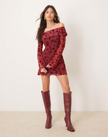 Fold Over Flocked Mesh Asymmetric Mini Dress