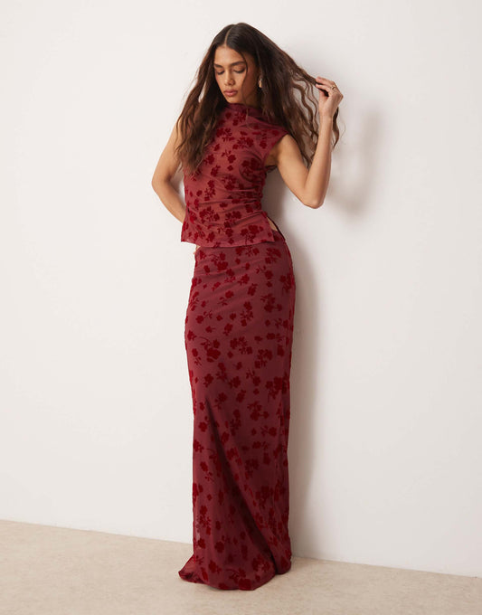 Flocked Mesh Low Rise Co Ord Maxi Skirt