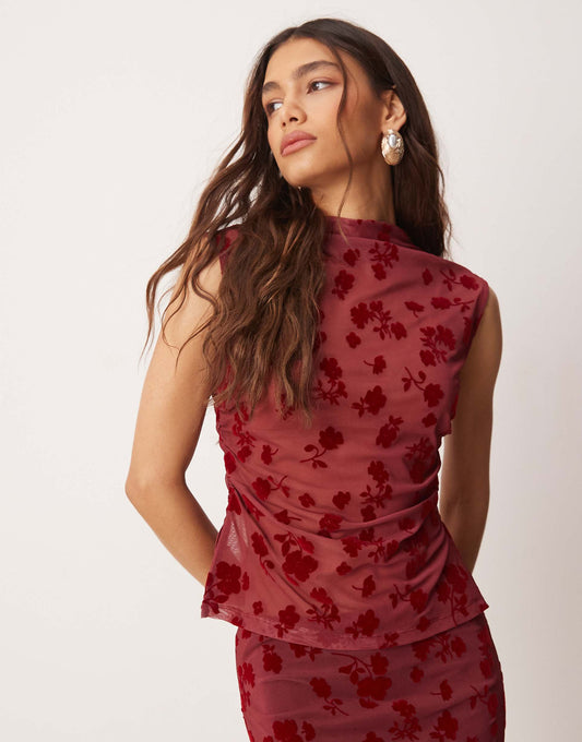 Ruched Side High Neck Flocked Mesh Co Ord Top