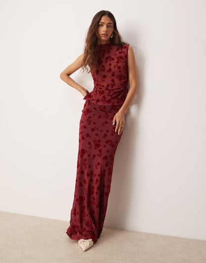 Ruched Side High Neck Flocked Mesh Co Ord Top