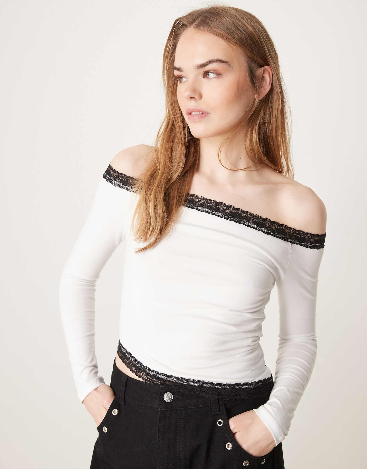 Lace Trim Bardot Asymmetric Top
