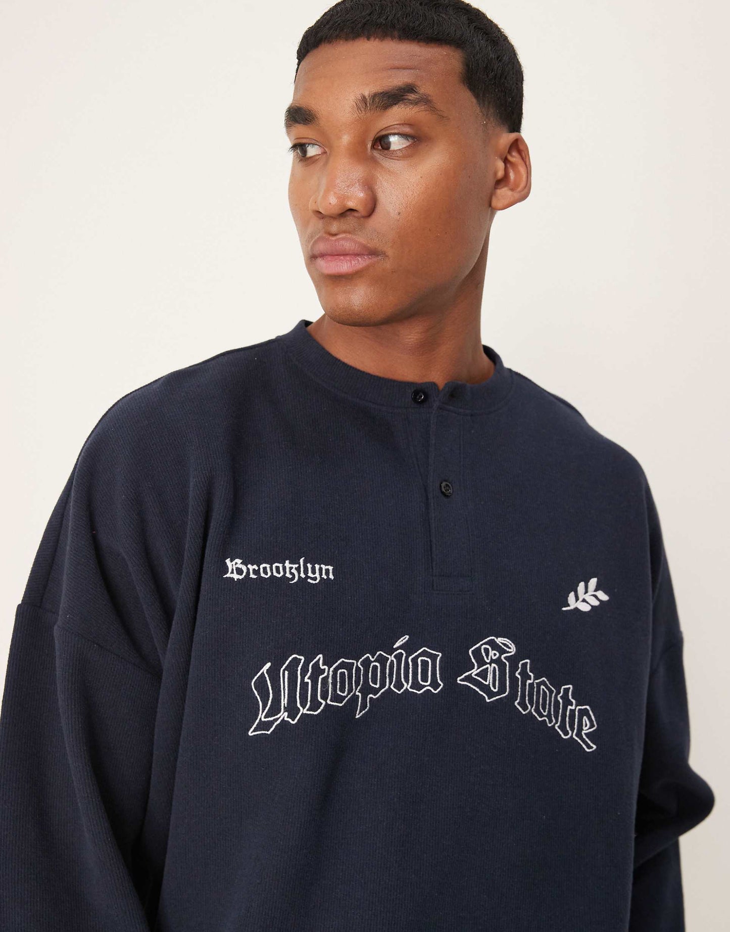 Super Oversized Cropped Lightweight Jumper With Henley Neck And Print