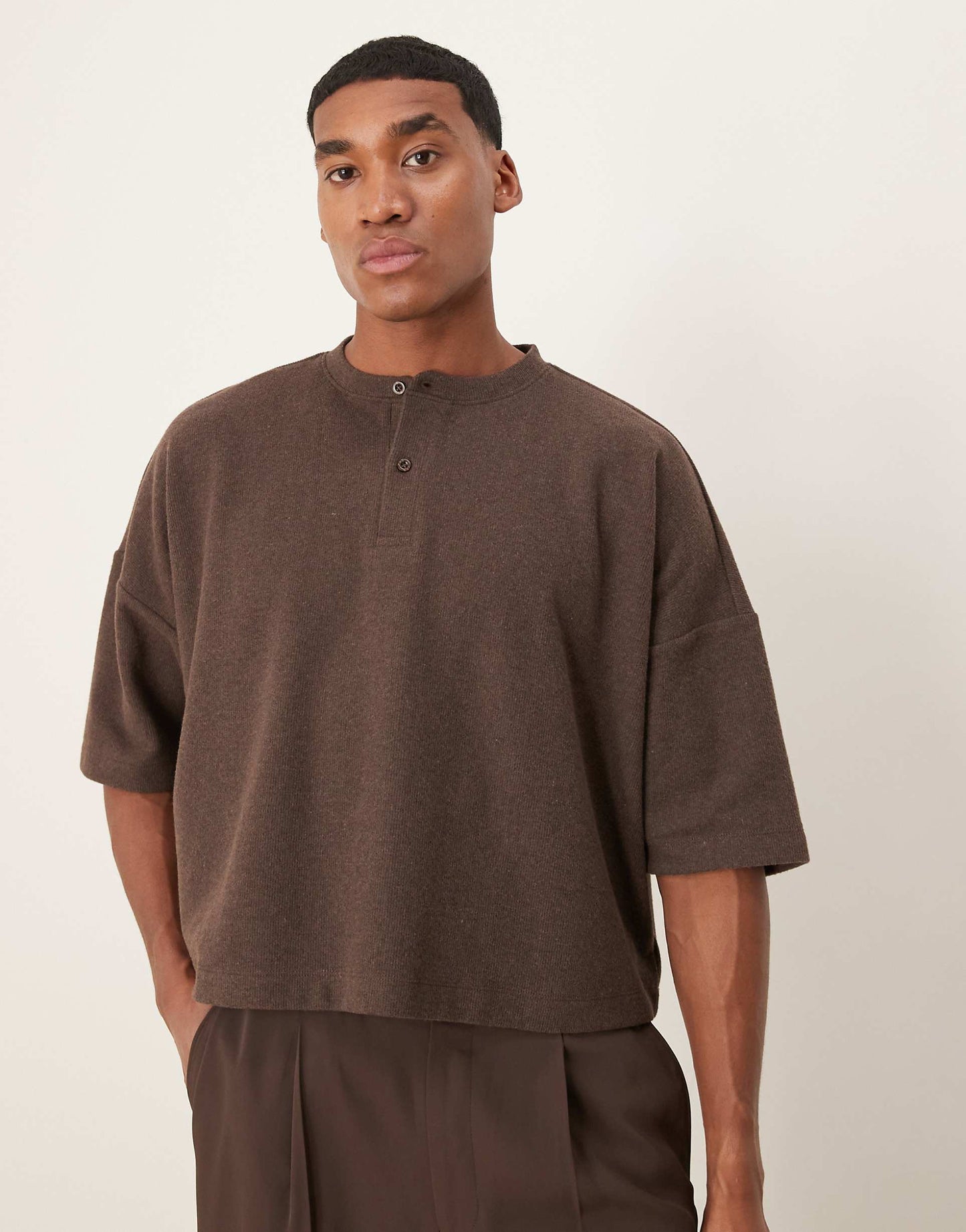 Super Oversized Cropped Henley Neck T-Shirt