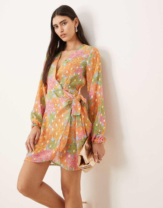 Metallic Wrap Mini Dress