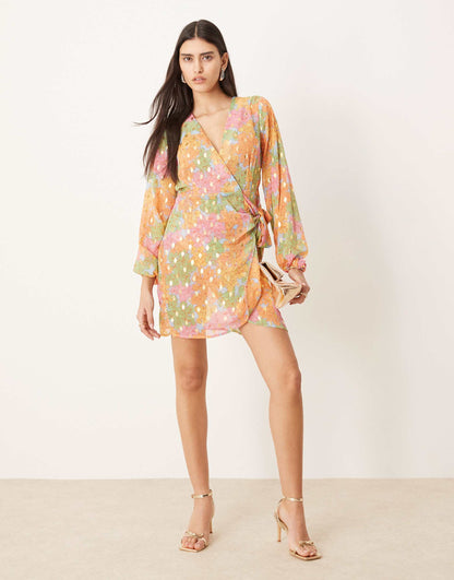Metallic Wrap Mini Dress