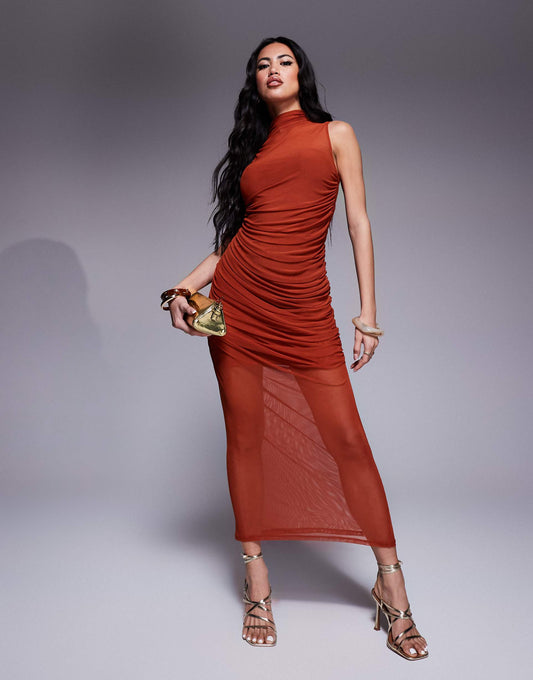 Mesh Grown On Neck Ruched Drape Dress