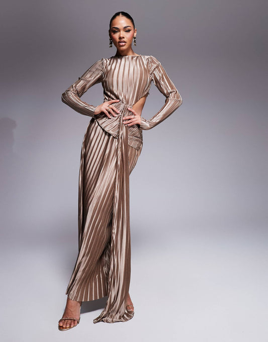 Long Sleeve Plisse Maxi Dress With Tie Waist Detail