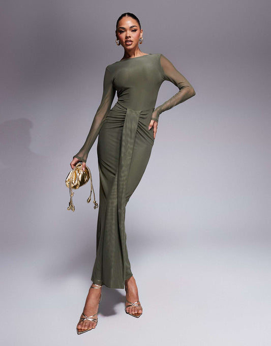 Mesh Long Sleeve Slash Neck Open Back Maxi Dress With Sash