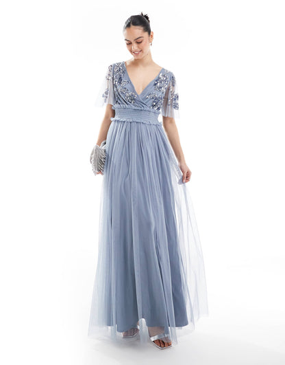 Floral Embellished Shirred Waist Short Sleeve Maxi Bridesmaid Dress