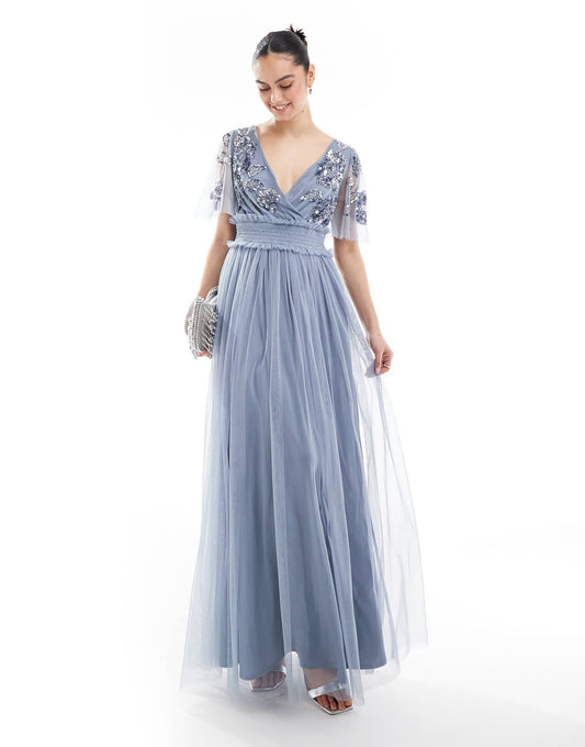 Floral Embellished Shirred Waist Short Sleeve Maxi Bridesmaid Dress
