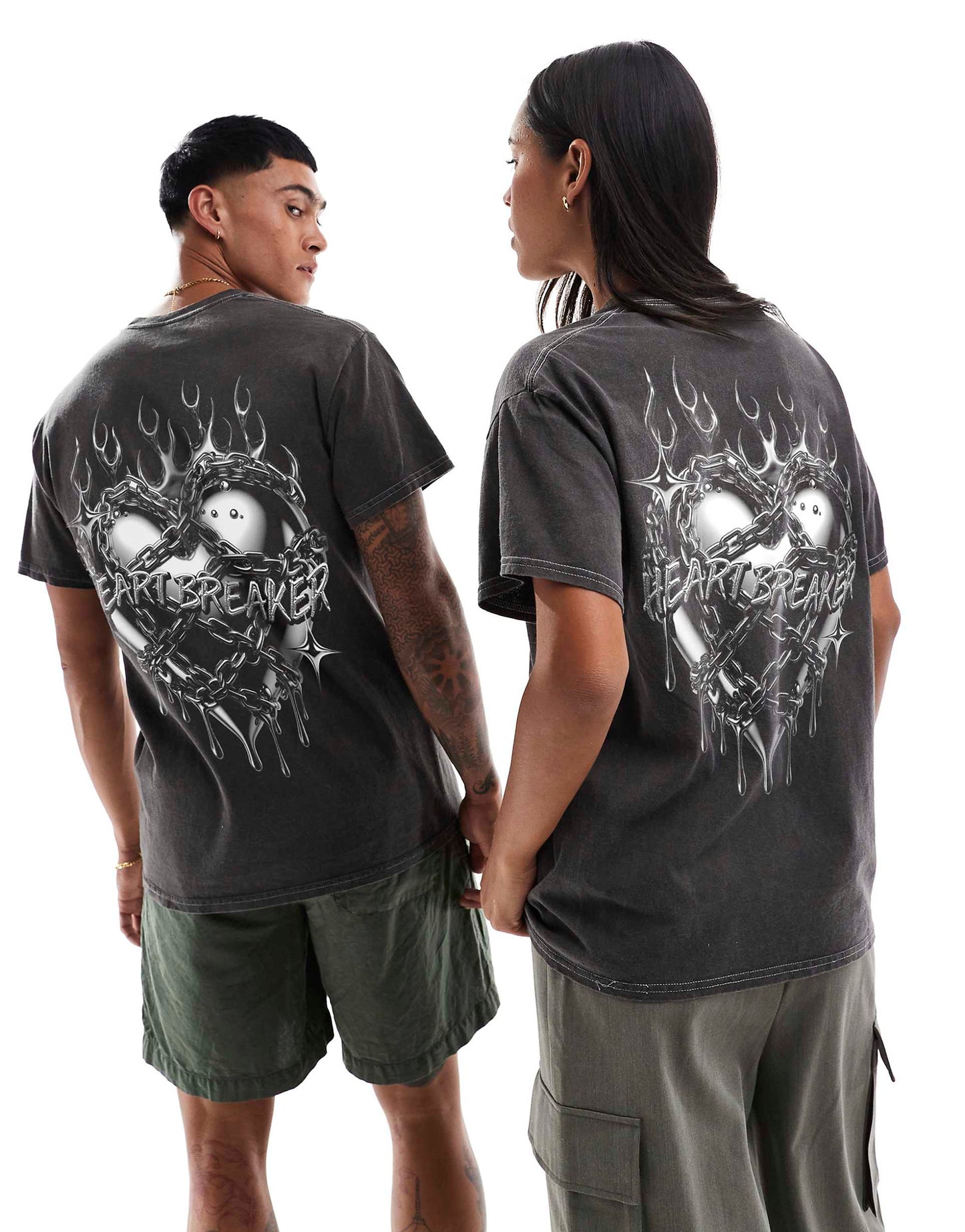 Heart Breaker Front And Back Print Washed T-Shirt