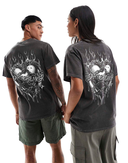 Heart Breaker Front And Back Print Washed T-Shirt