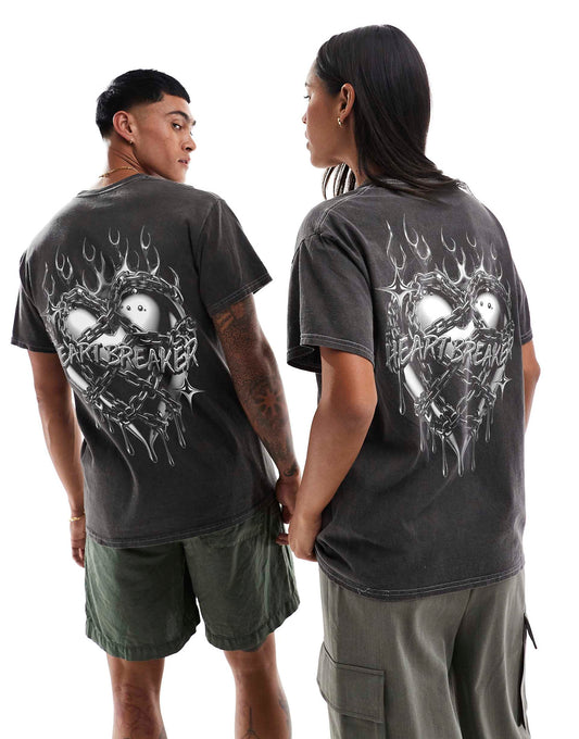 Heart Breaker Front And Back Print Washed T-Shirt