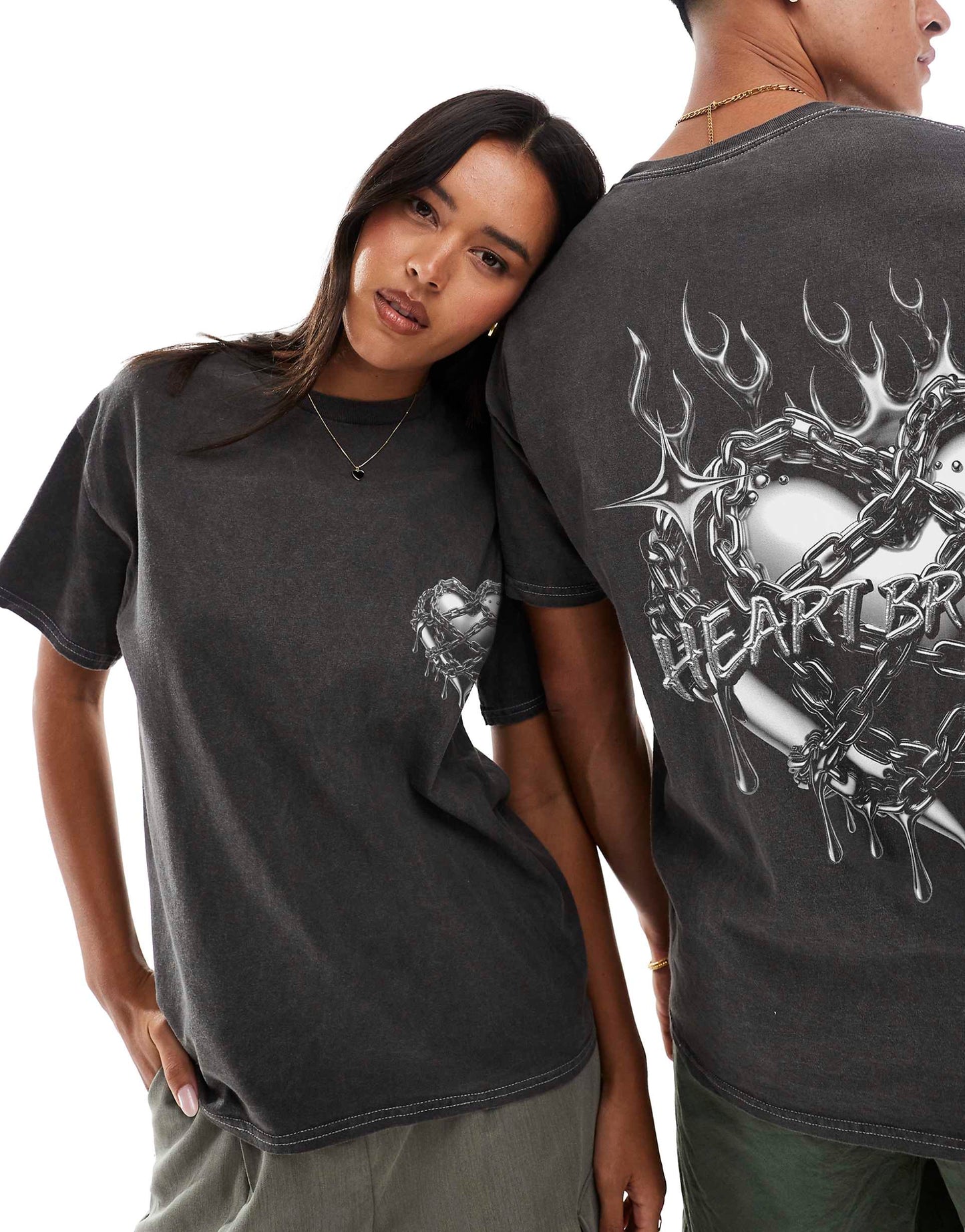 Heart Breaker Front And Back Print Washed T-Shirt