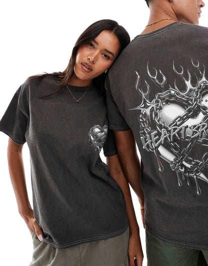 Heart Breaker Front And Back Print Washed T-Shirt