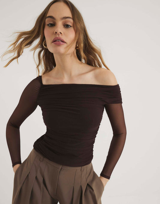 Asymmetric Neck Ruched Mesh Top