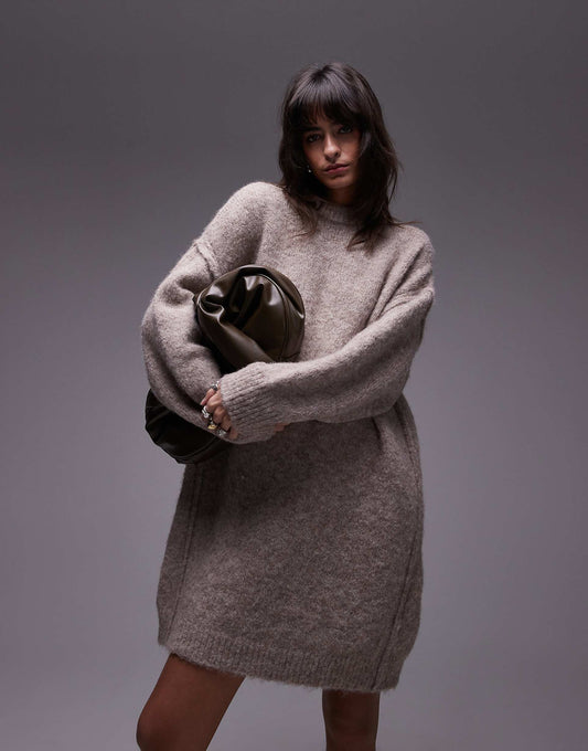 Knitted Oversized Crew Mini Dress With Exposed Seam Detail