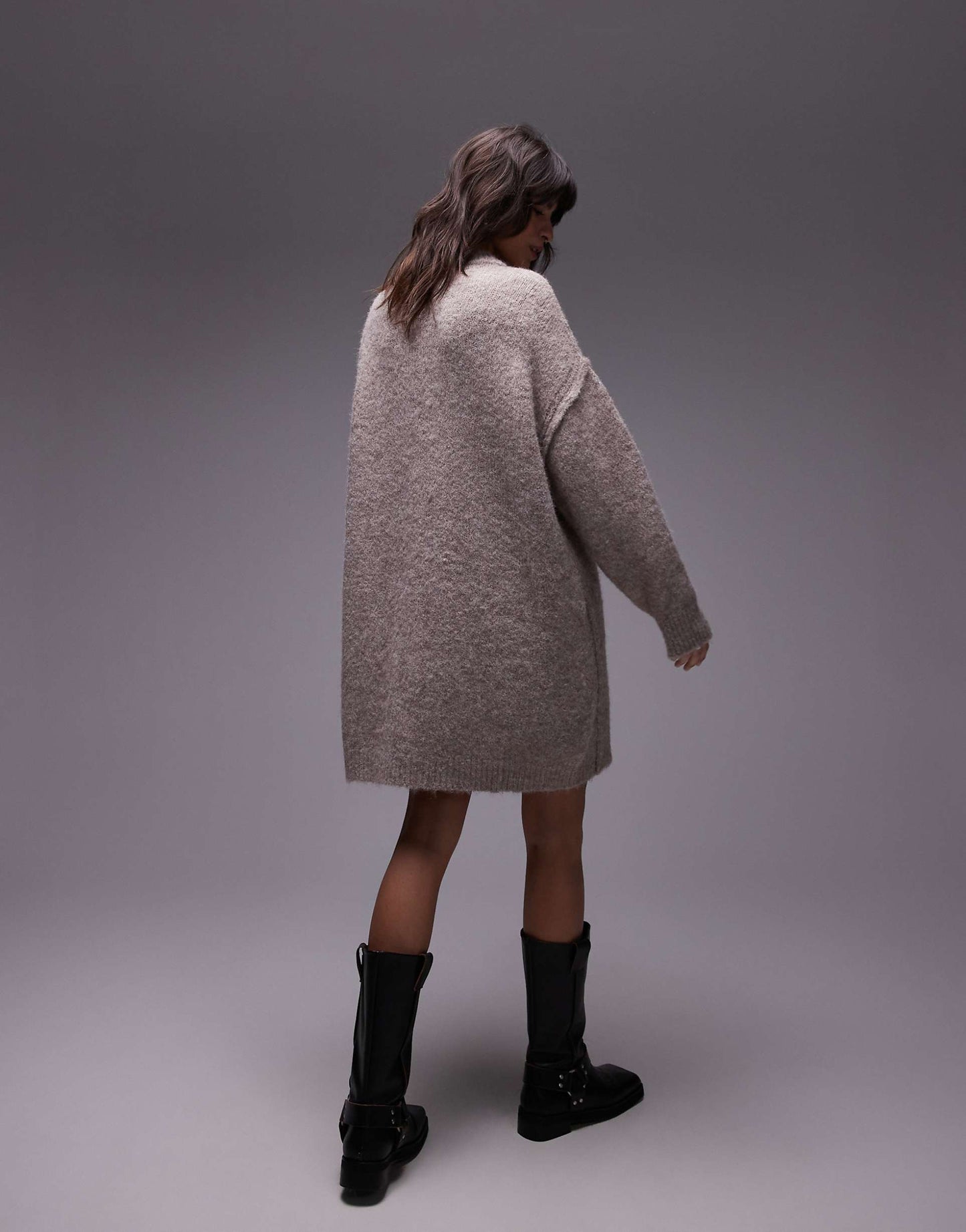 Knitted Oversized Crew Mini Dress With Exposed Seam Detail
