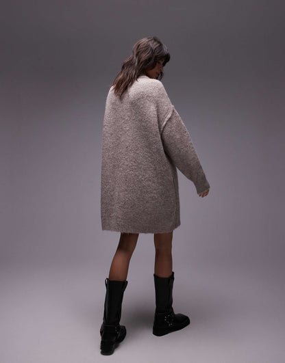 Knitted Oversized Crew Mini Dress With Exposed Seam Detail