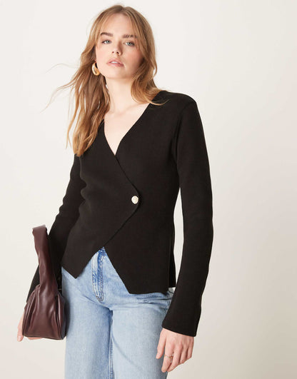 Asymmetric Compact Knit Cardigan With Large Button