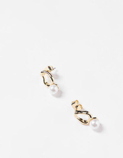 14K Gold Plated Stud Earrings With Faux Pearl Drop Detail