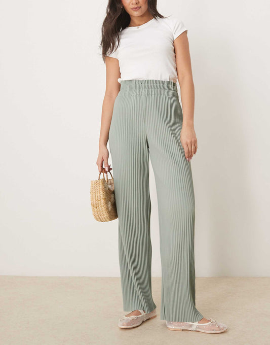 High Waisted Wide Leg Plisse Trousers