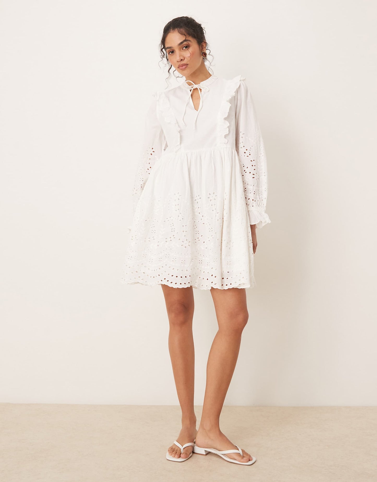 Broderie Cutwork Detail Tie Neck Mini Dress