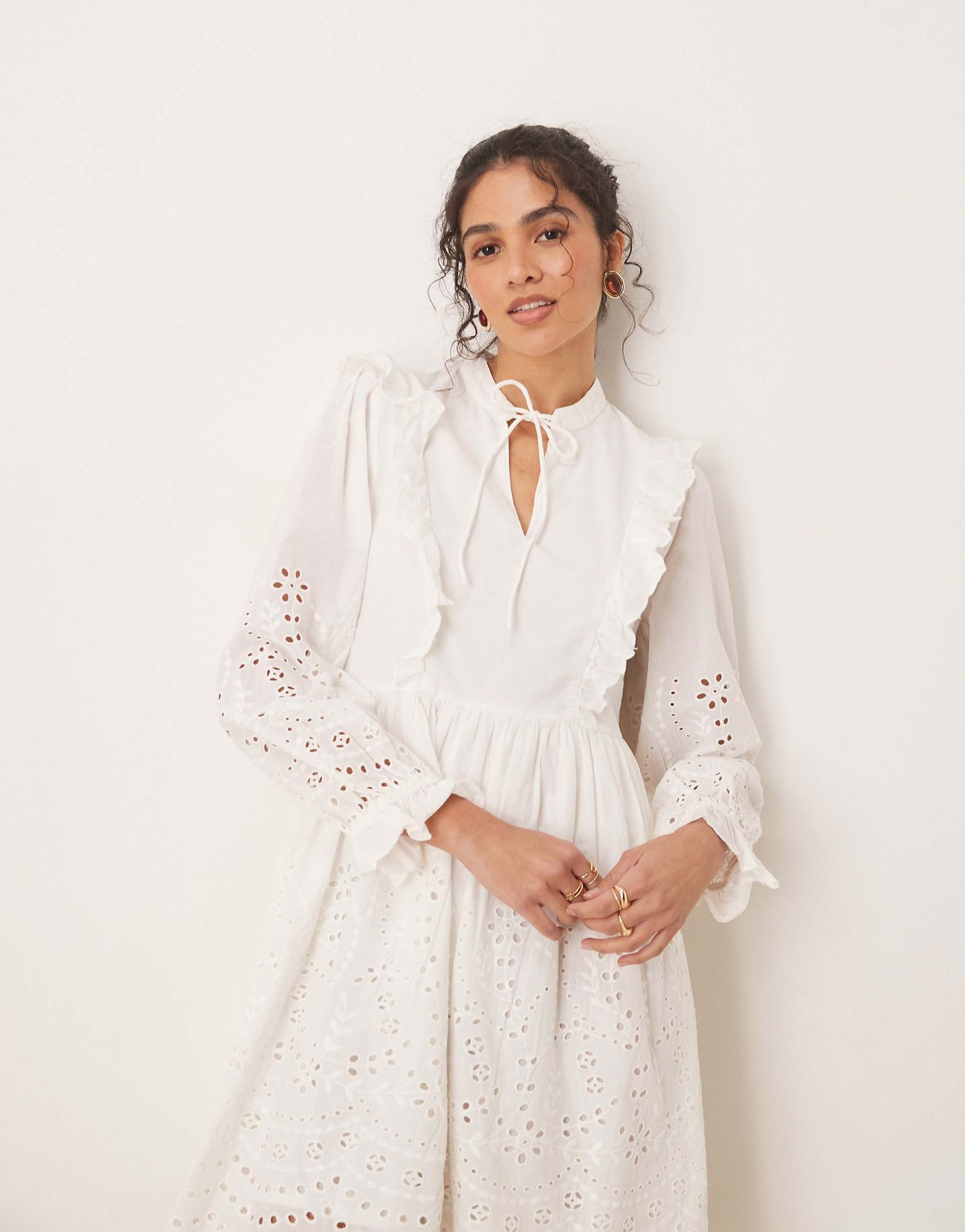 Broderie Cutwork Detail Tie Neck Mini Dress