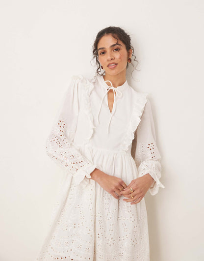 Broderie Cutwork Detail Tie Neck Mini Dress