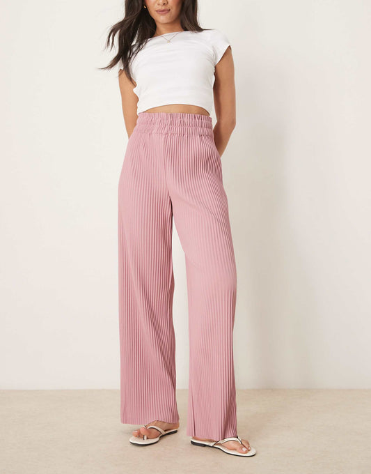 High Waisted Wide Leg Plisse Trousers