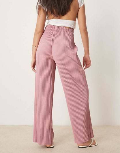 High Waisted Wide Leg Plisse Trousers