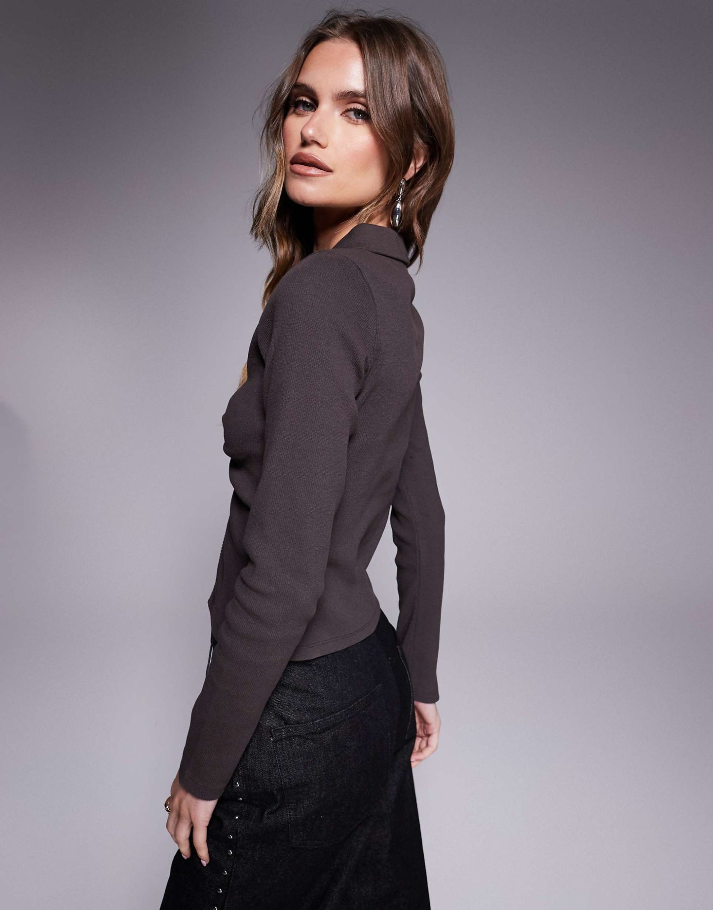 Ribbed Ruched Front Long Sleeve Top