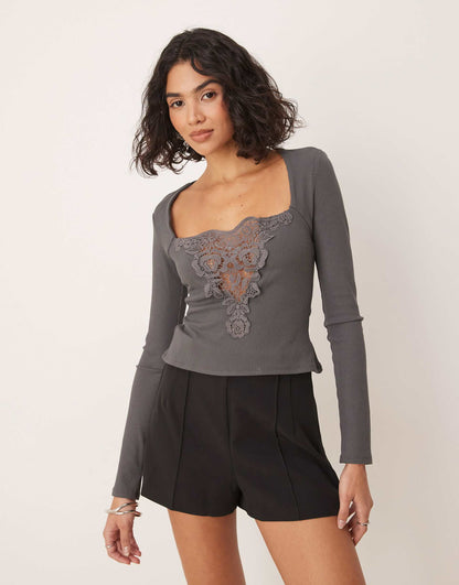 Lace Insert Long Sleeve Top