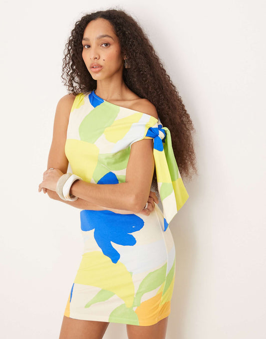 One Shoulder Tie Knot Detail Mini Dress Enlarged Floral Print