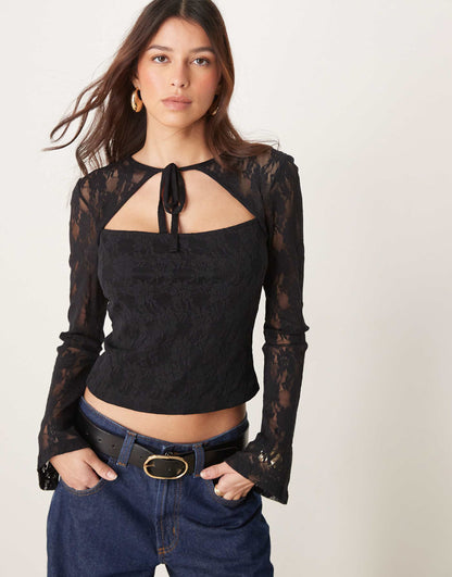 Lace Tie Front Cut Out Flute Sleeve Top
