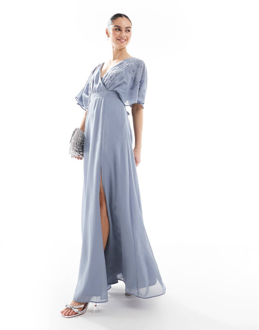 Floral Embroidered Short Sleeve Maxi Bridesmaid Dress