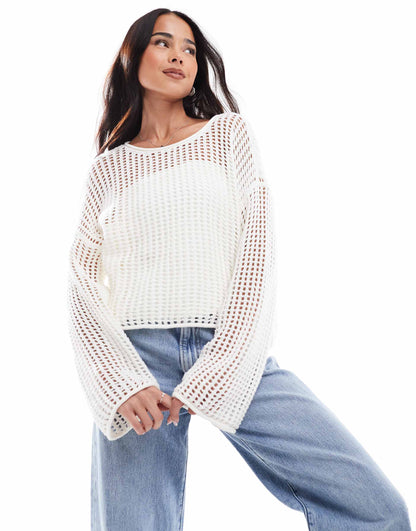 Mila Open Knit Crop Crew Top