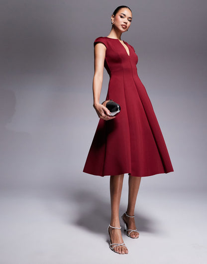 Cap Sleeve Plunging V Neckline A-Line Midi Dress